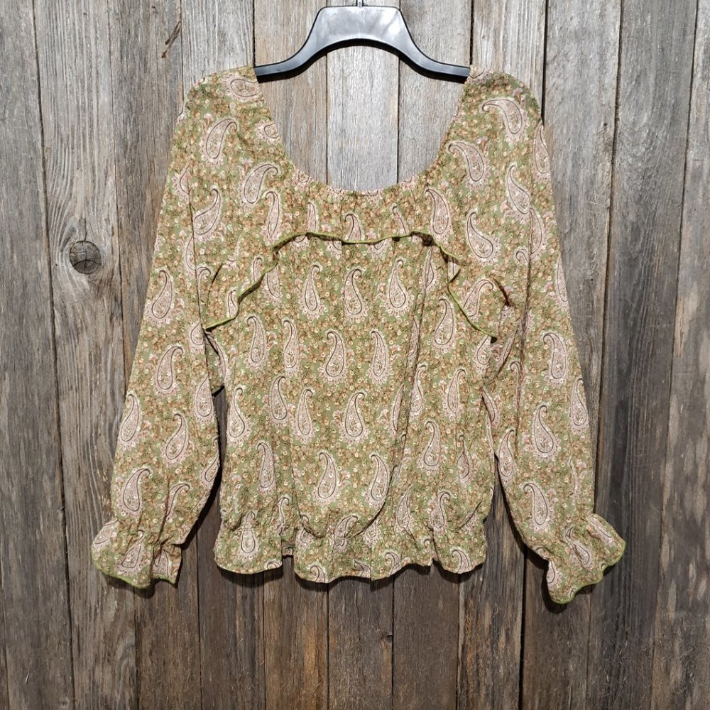 Daniel Rainn DR2 M Green Pink Paisley Top‎ Cottage Ruffle Coquette Boho Chic - Picture 4 of 7